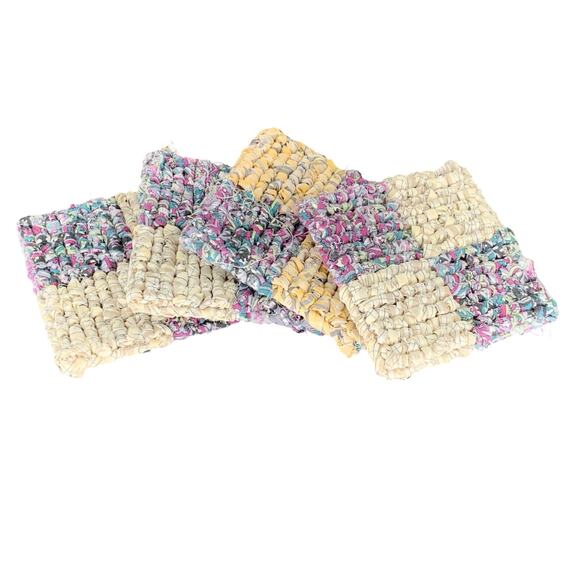 Drink Coaster Set Locker Hooking Handmade Yellow Purple Fabric Square Coasters - Picture 2 of 8